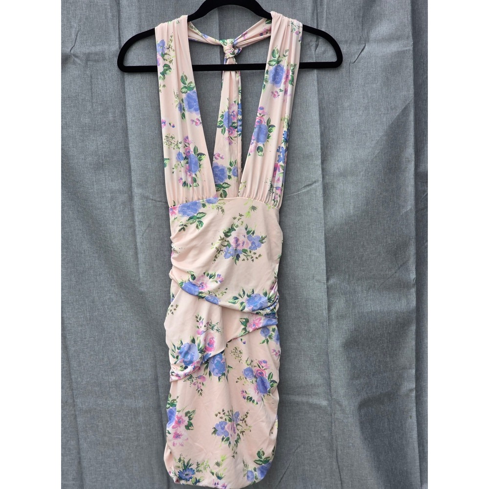 Zara Pink Floral Ruched Halter Mini Dress Open Back Bodycon NWT Size M